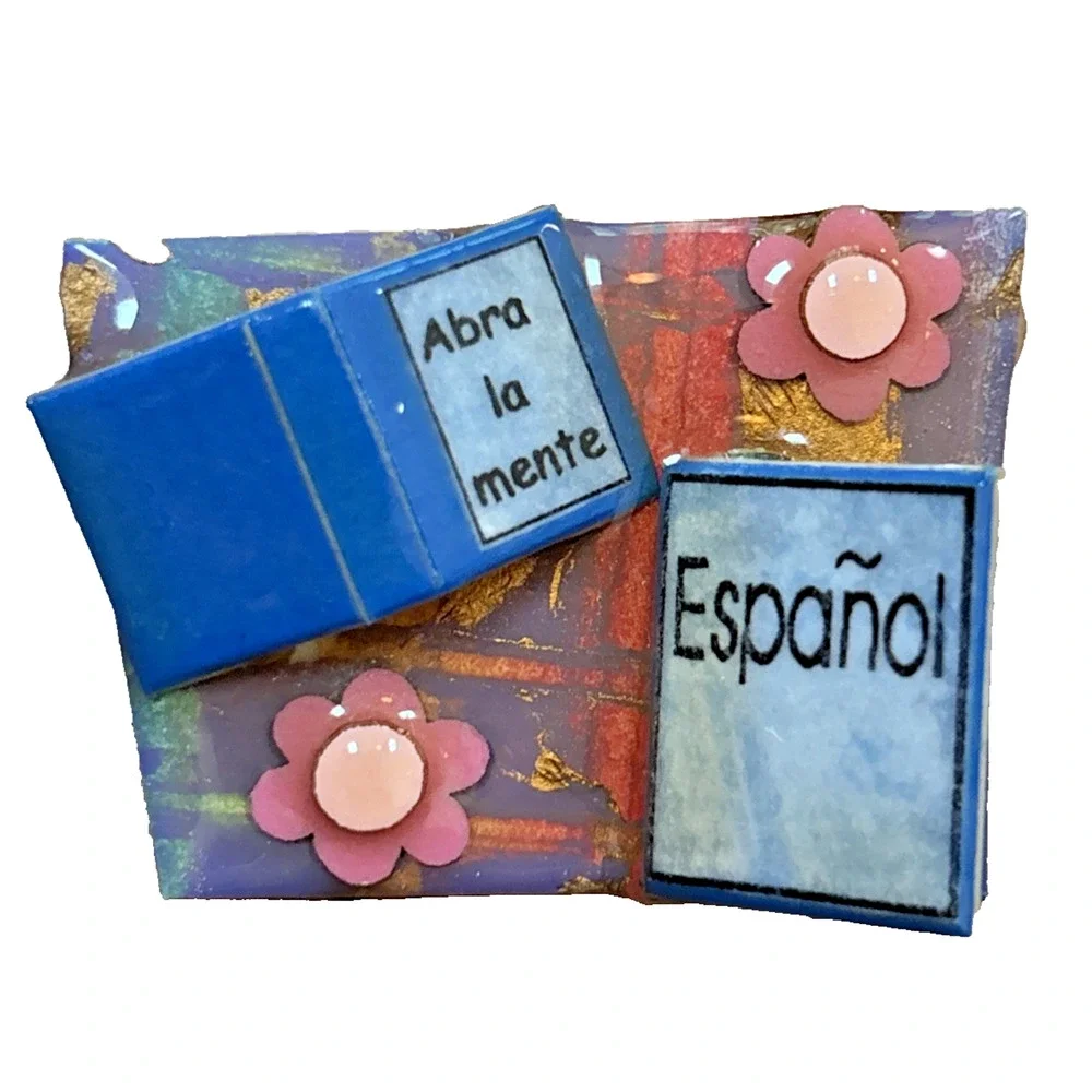 Book Pins by Lucinda (3) Brooch Pin Espanol Bookstore Home Friends Collectible